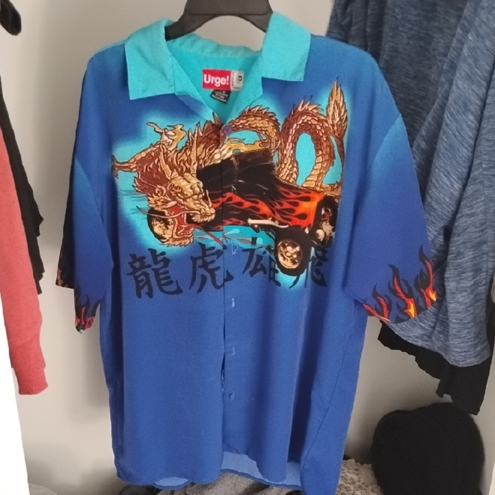 Urge Bright Blue Button-Up Shirt with Teal Collar and Dragon Car Graphic